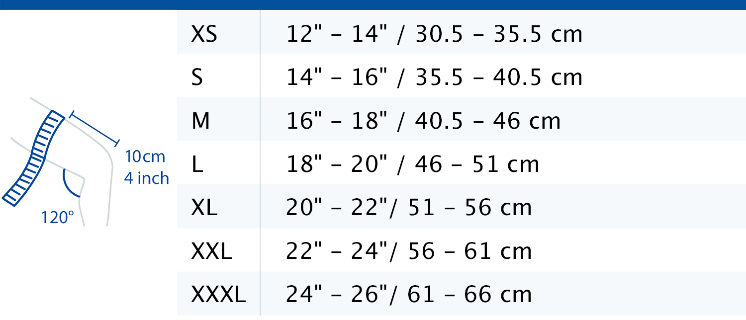 Size chart showing measurements for Actimove Sports Edition PF Knee Brace, Lateral Support, Simple Hinges, Condyle Pads, J-Shaped Buttress
 Size chart showing measurements for Actimove Sports Edition PF Knee Brace, Lateral Support, Simple Hinges, Condyle Pads, J-Shaped Buttress